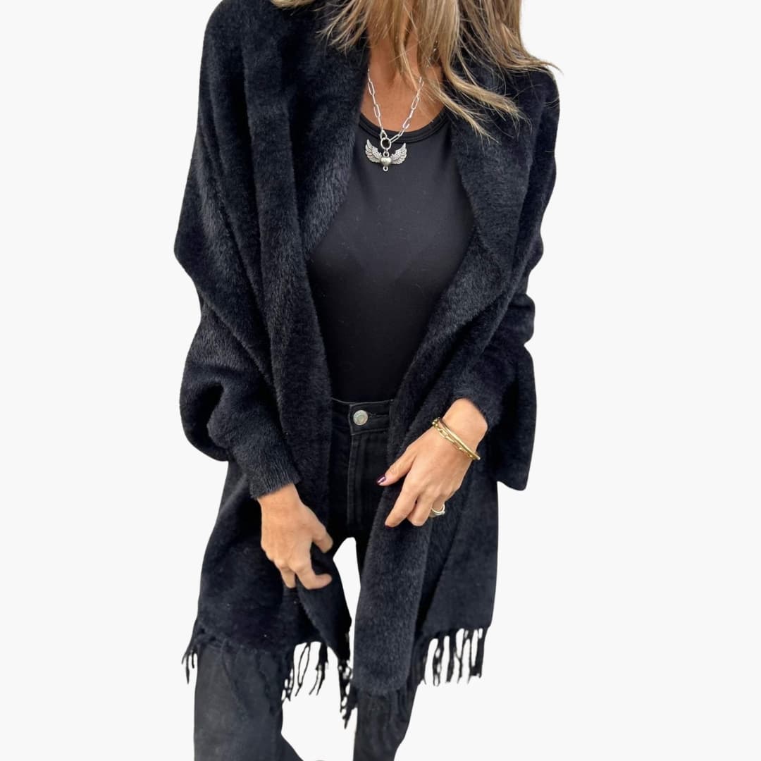 Women's open-front fringed hem vest, long sleeves, textured chic layering piece in neutral tone