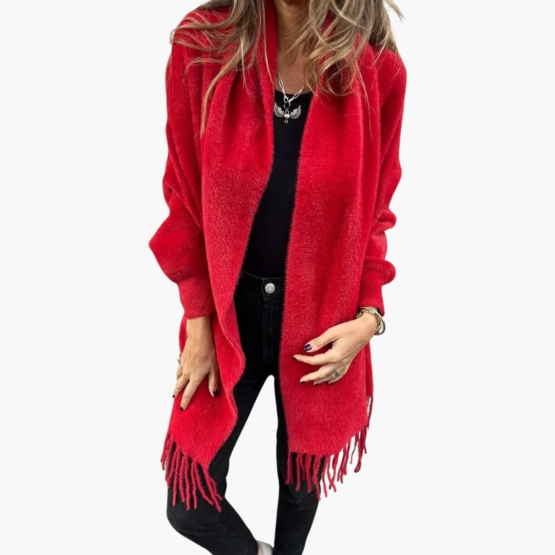 Women's open-front fringed hem vest, long sleeves, textured chic layering piece in neutral tones