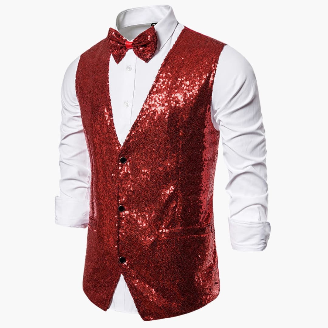 Men's silver glitter fitted vest with coordinated bow tie, sparkling weave for festive formal events