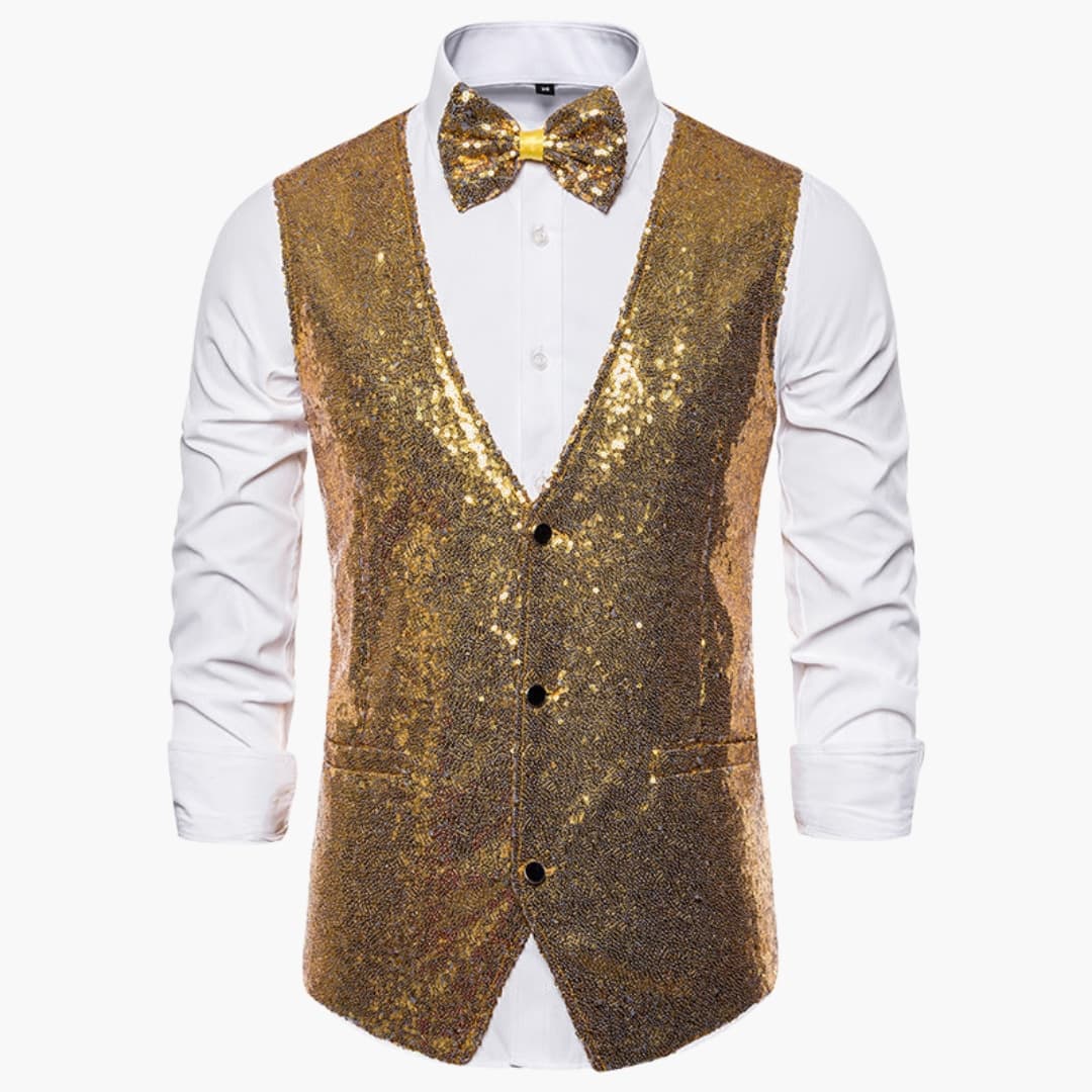 Men's silver glitter fitted vest with matching bow tie, sparkling weave for formal festive events