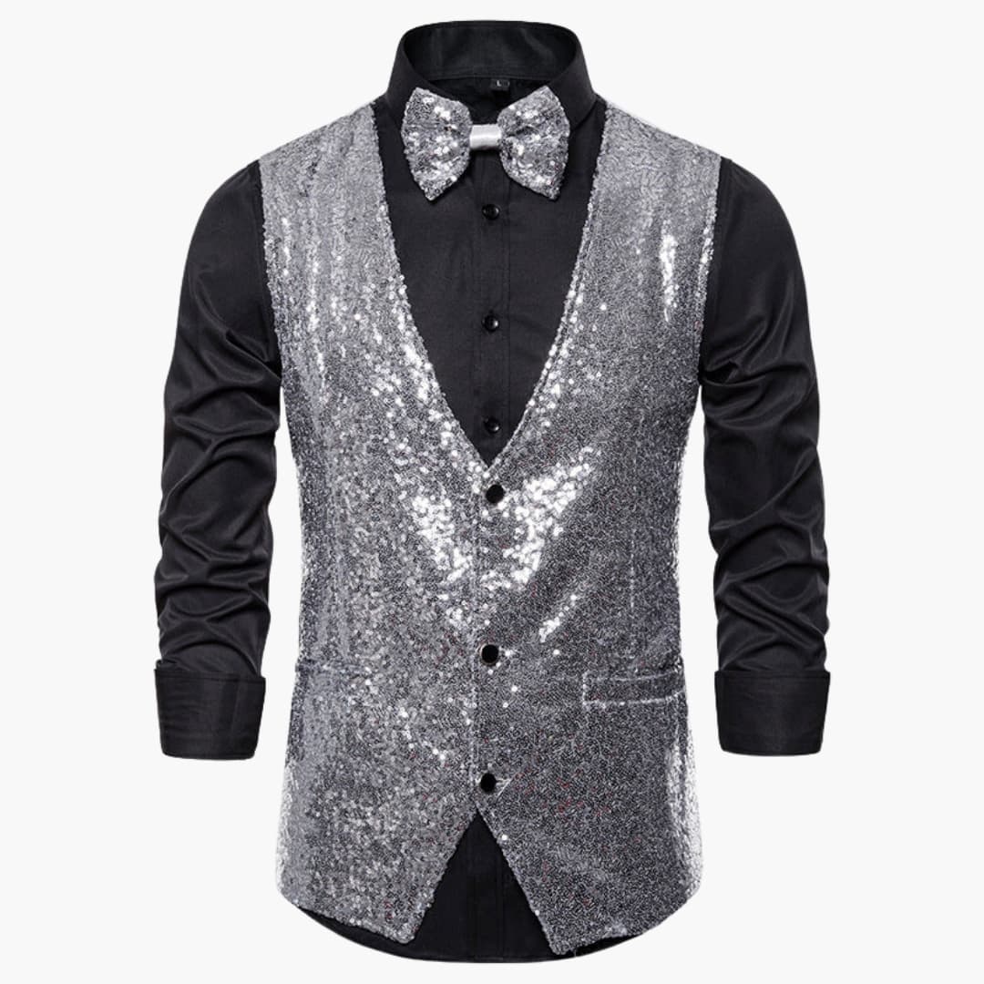 Men's silver glitter fitted vest with matching bow tie, sparkling weave for formal parties