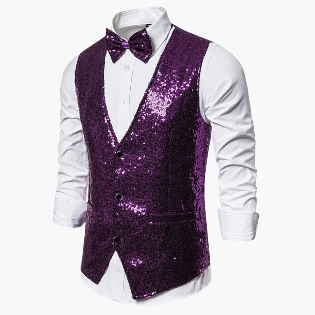 Men's silver glitter fitted vest with coordinated bow tie, structured silhouette for festive formal events