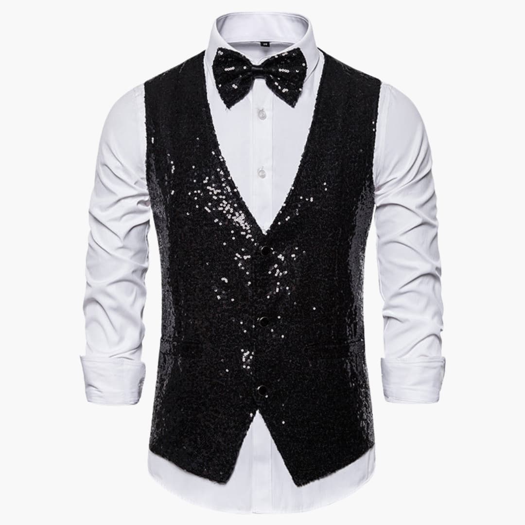 Men's silver glitter fitted vest with matching bow tie, structured silhouette for formal festive events