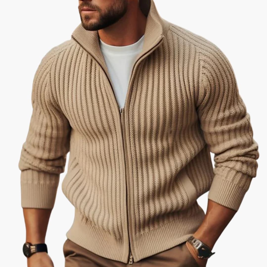 Men's ribbed zip-up vest with stand-up collar, full-zip closure, sleek everyday layering essential