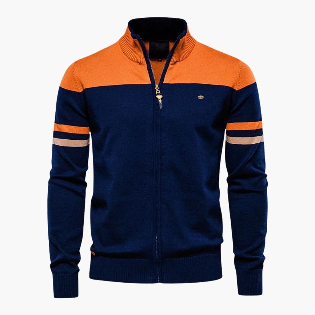 Men's zip-up vest with ribbed stand-up collar, contrasting stripes, structured casual outerwear