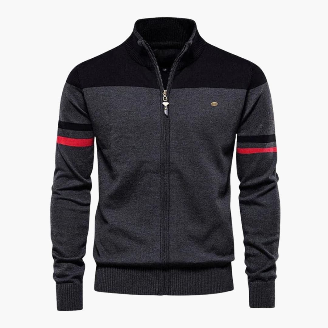 Men's zip-up vest with ribbed stand-up collar, contrasting stripes, casual structured silhouette