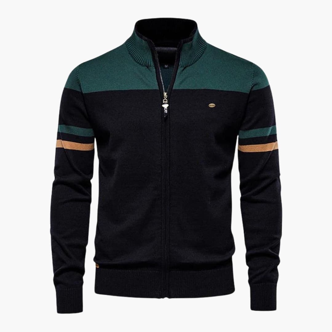 Men's zip-up vest with ribbed stand-up collar, contrasting stripes, casual versatile outerwear