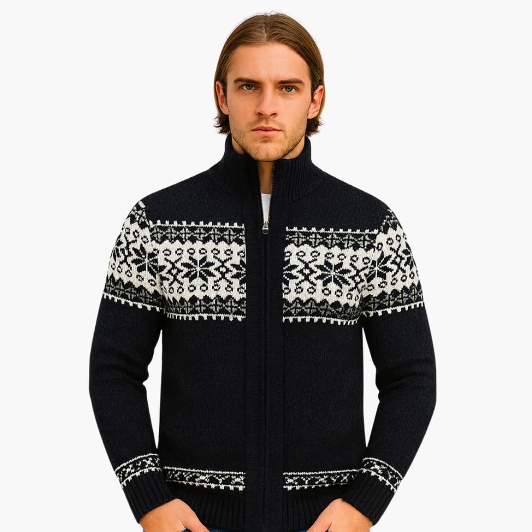 Men's Nordic pattern zip-up knit vest stand-up collar ribbed cuffs hem warm cozy layering staple