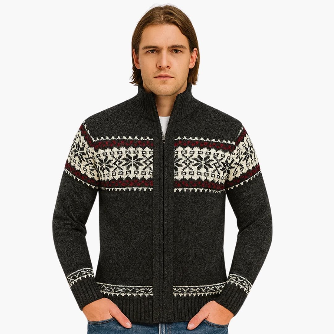 Men's Nordic pattern zip-up knit vest stand-up collar ribbed cuffs hem warm cozy layering piece