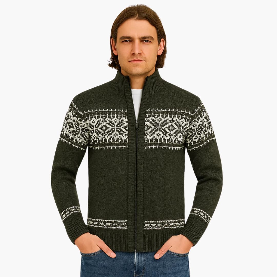 Men's Nordic pattern zip-up knit vest stand-up collar ribbed cuffs hem cozy warm layering piece