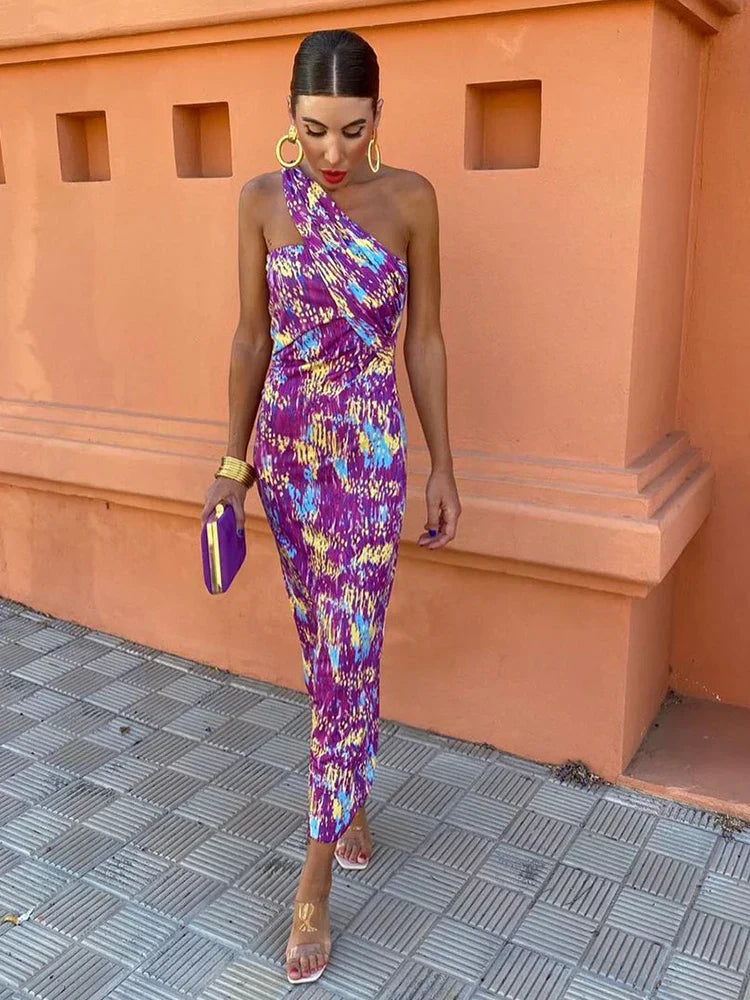 Women's one-shoulder printed dress elegant asymmetric neckline flattering relaxed cut bold pattern