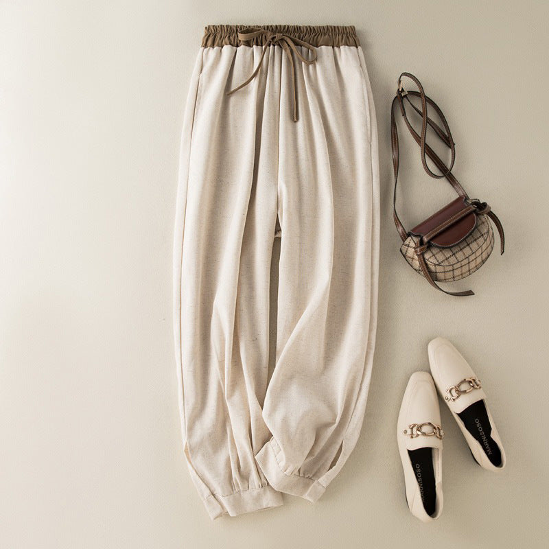 Women's beige linen wide-leg pants lightweight breathable adjustable waist and cuffs everyday comfort