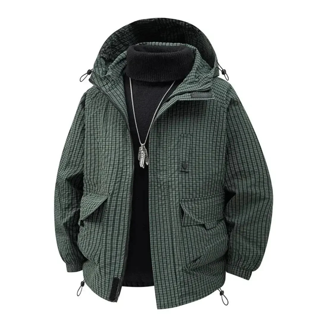 Men's hooded padded jacket black textured shell lightweight insulation urban fit weatherproof