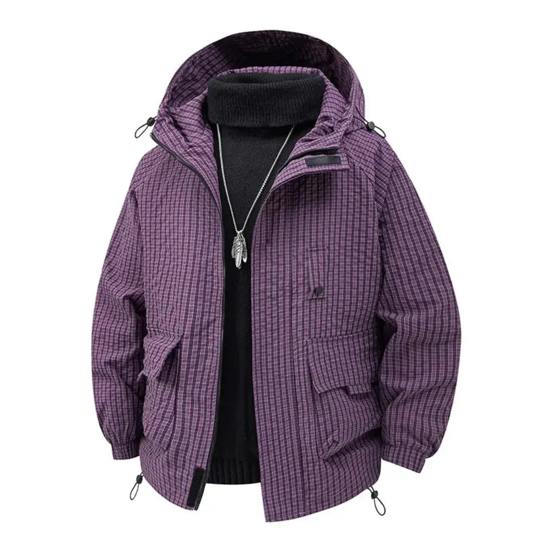 Men's hooded padded jacket black textured shell lightweight insulation urban fit multiple pockets