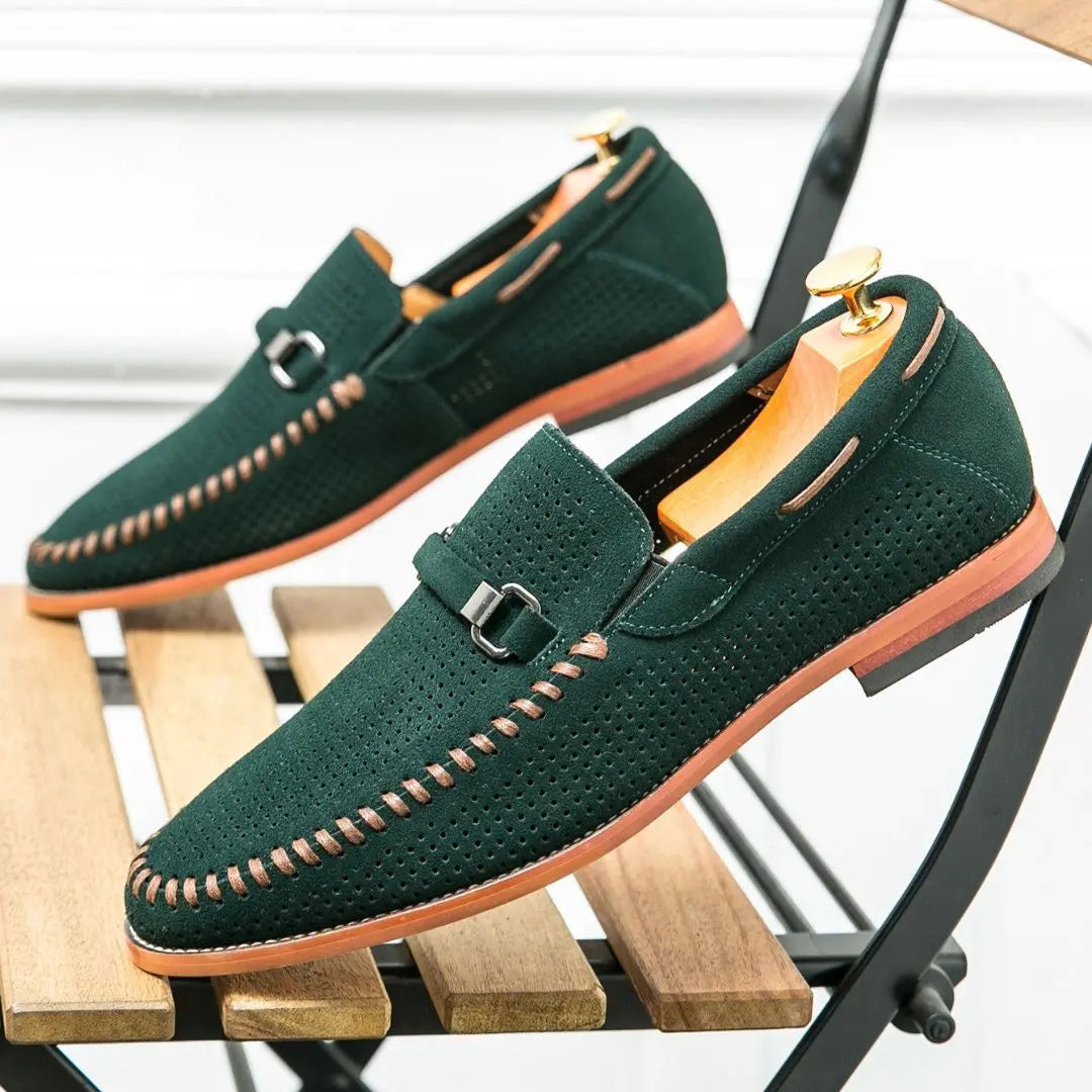 Giovanni brown suede loafers handstitched with metal clasp, cushioned insoles, perforated breathable upper