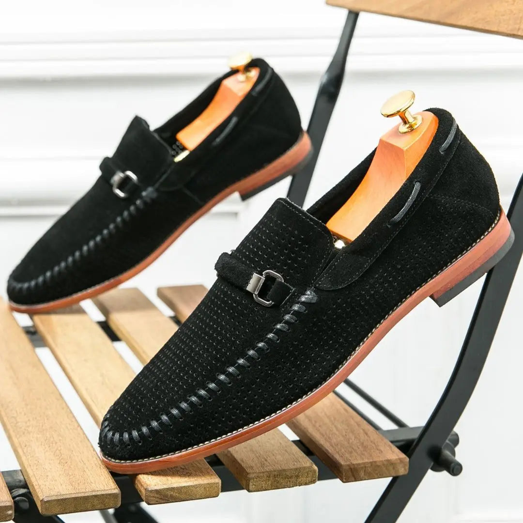 Giovanni brown suede loafers handstitched perforated upper metal clasp cushioned insoles professional style