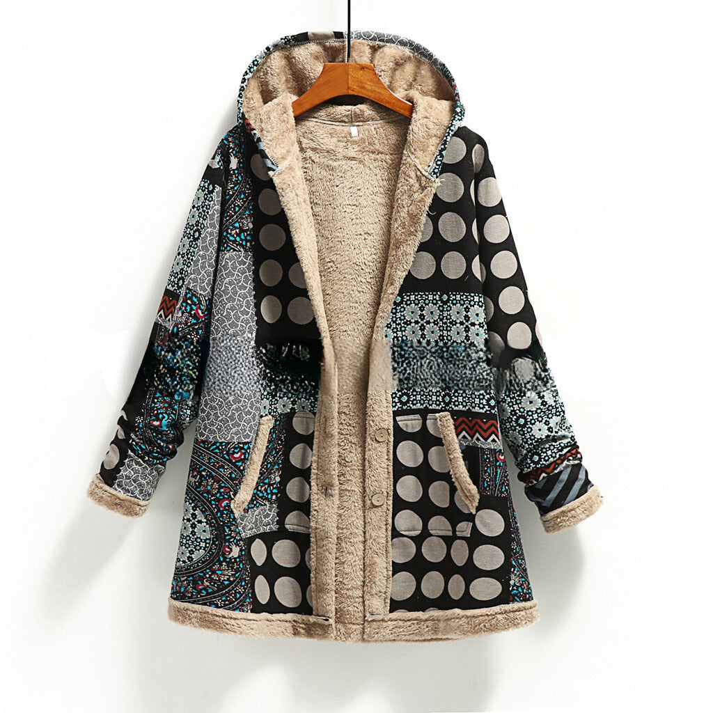 Women's fuzzy patchwork hooded jacket cozy wool-poly blend insulated comfort with pockets