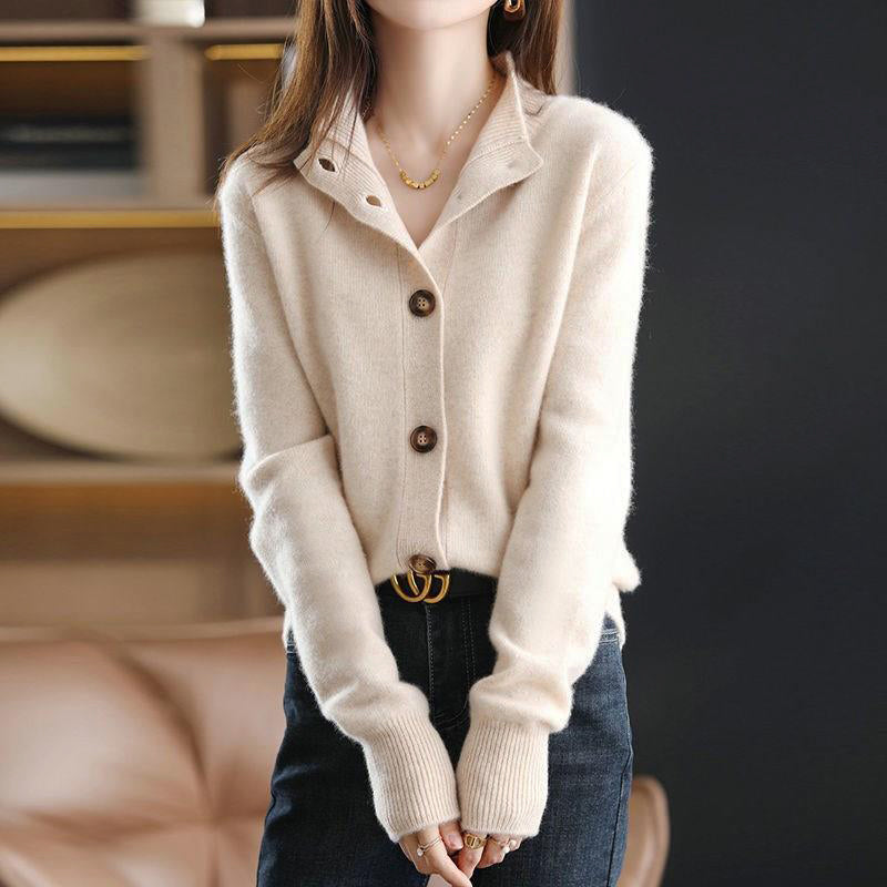 Women's high neck cardigan premium knit polyester blend timeless styled buttons elegant drape