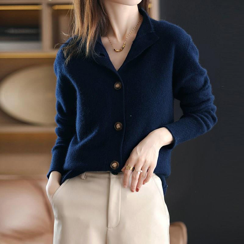 Women's high neck cardigan premium knit polyester blend with elegant button detailing timeless style