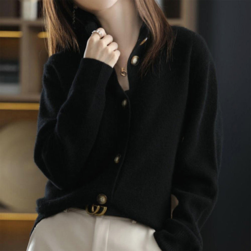 Women's high neck cardigan premium knit polyester blend timeless style with elegant button detailing