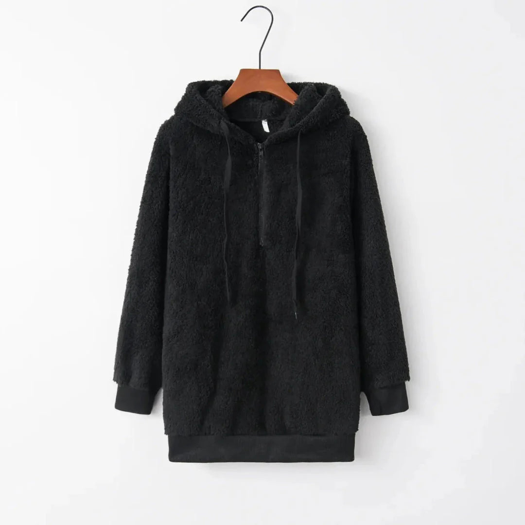 Oversized sherpa fleece hoodie with ultra-plush lining, relaxed fit cold-weather comfort layer