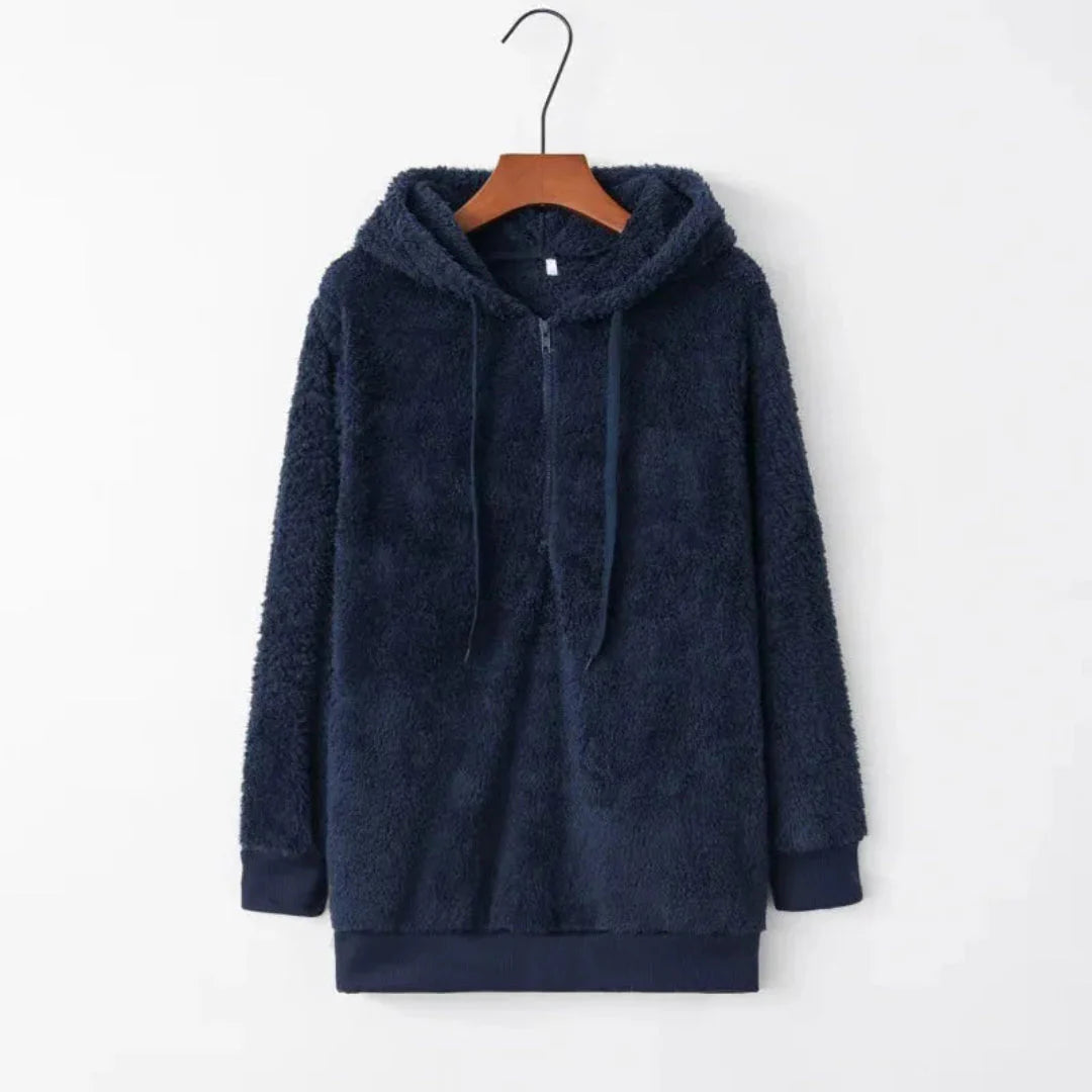 Oversized sherpa fleece hoodie with ultra-plush lining, cozy cold-weather style in neutral tones