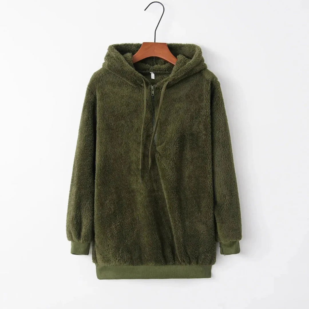Oversized sherpa fleece hoodie with ultra-plush lining, cozy cold-weather style in neutral tones