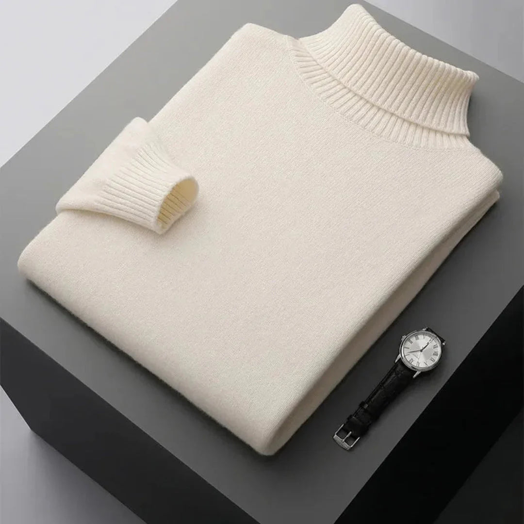 Unisex pure wool turtleneck sweater in neutral knit with ribbed neckline for cozy breathable warmth