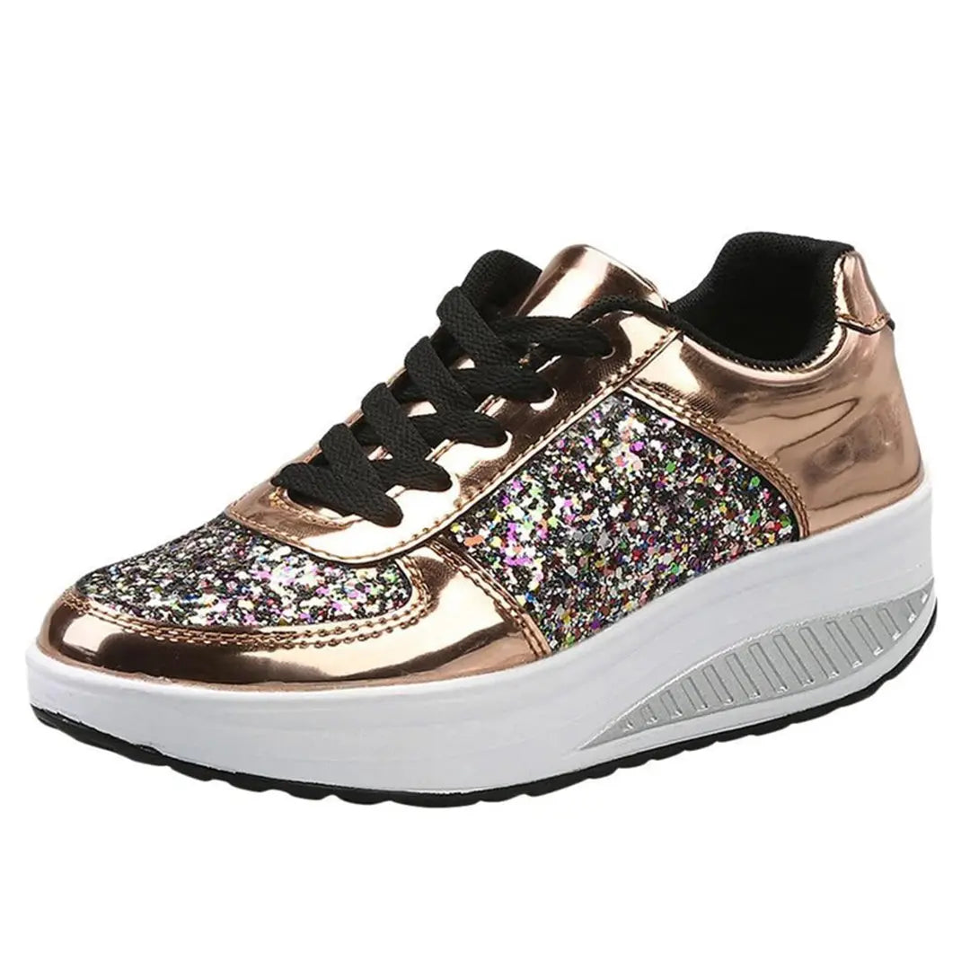 Women's glitter platform sneakers with cushioned sole, sparkle embellishments, and all-day comfort design