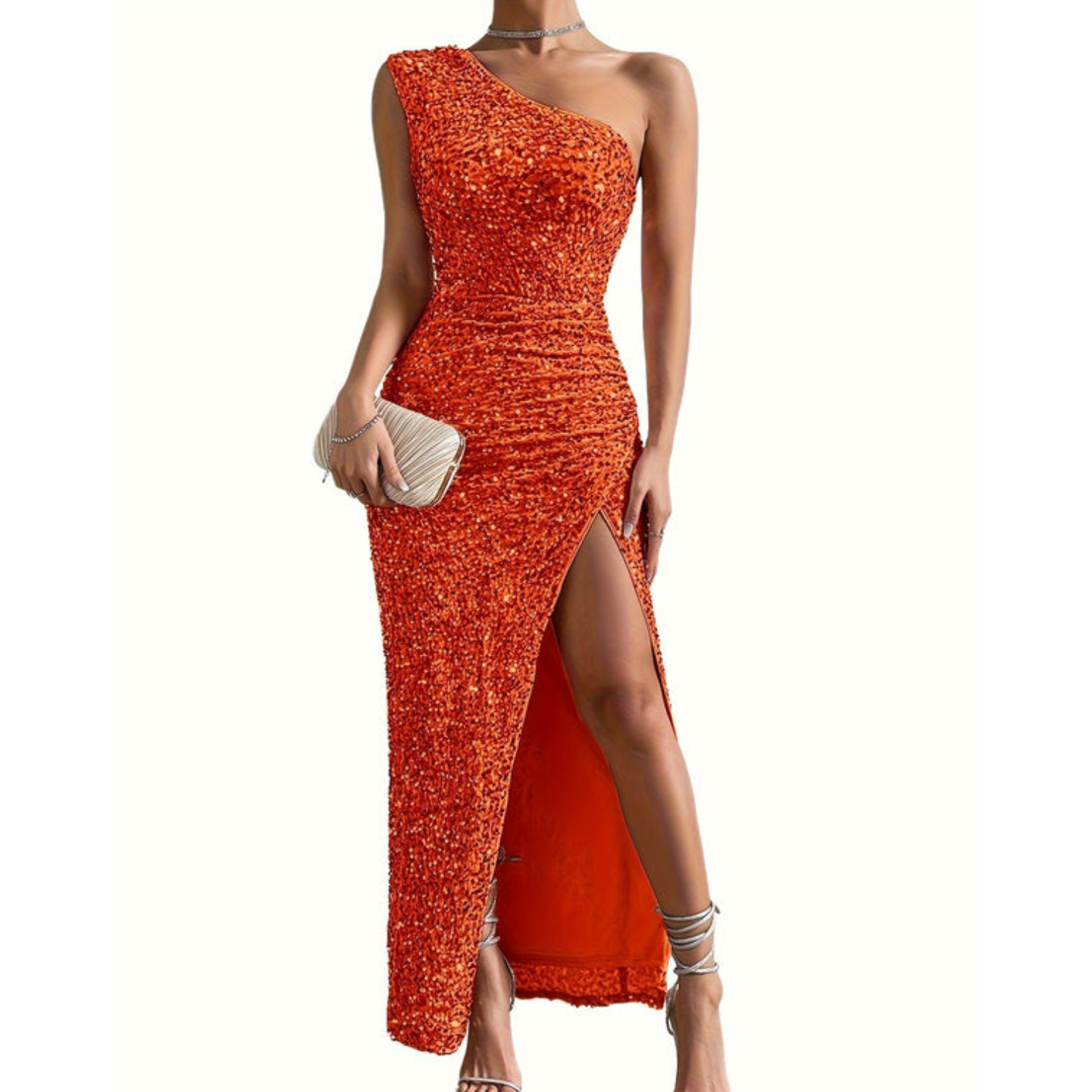 Sparkling silver off-shoulder evening gown with elegant side slit, slim formal party dress for women