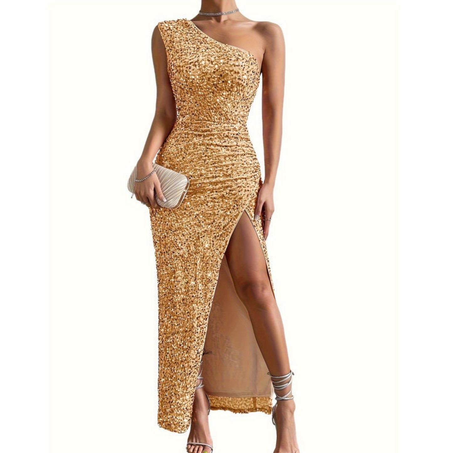 Sparkling off-shoulder evening gown with high side slit, shimmer fabric, elegant party dress for women