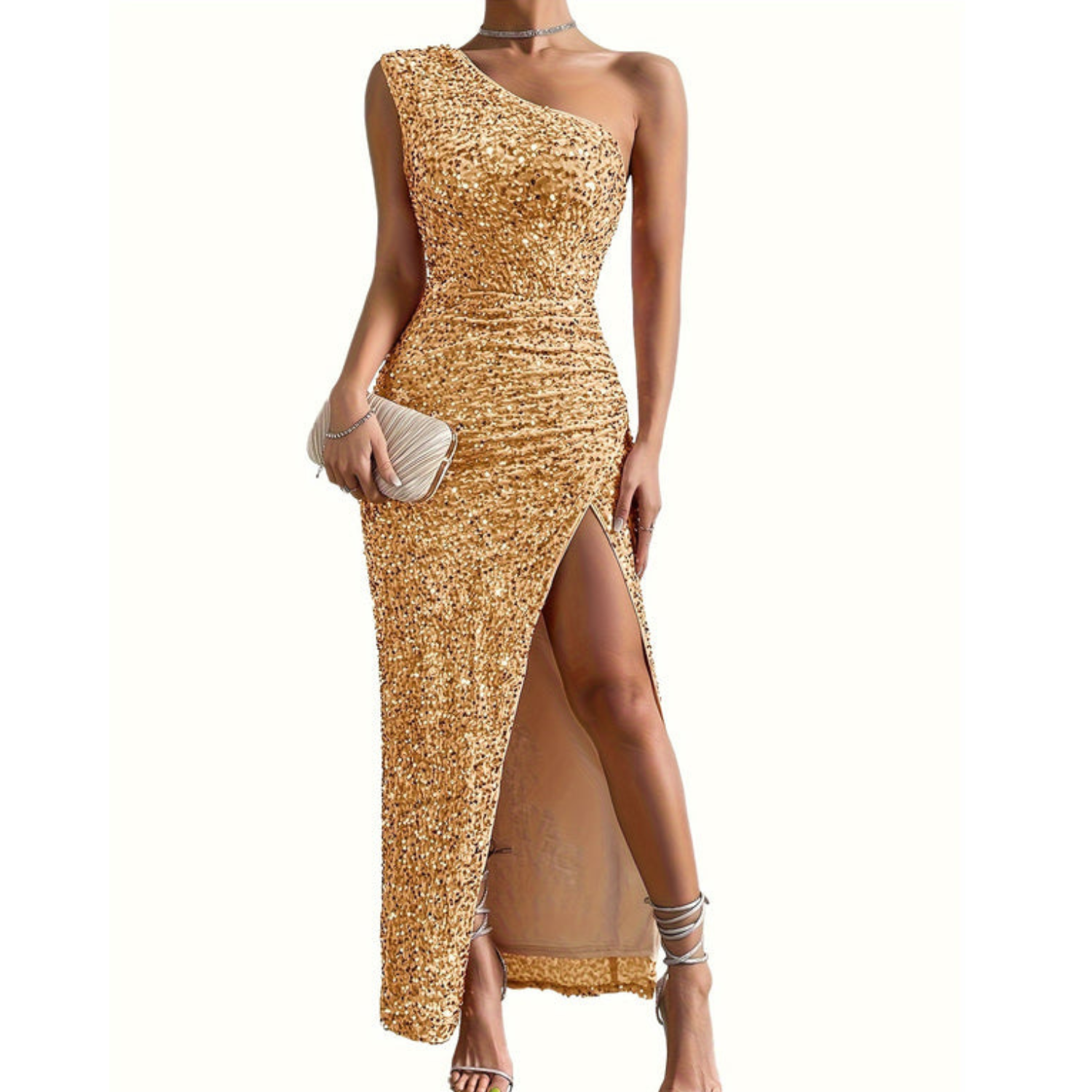 Sparkling off-shoulder evening gown with high side slit, shimmer fabric, elegant party dress for women