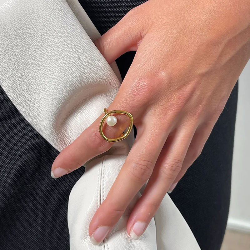 Women's Gold-Tone Open Circle Ring with Pearl Accent - Urbann-Vibe