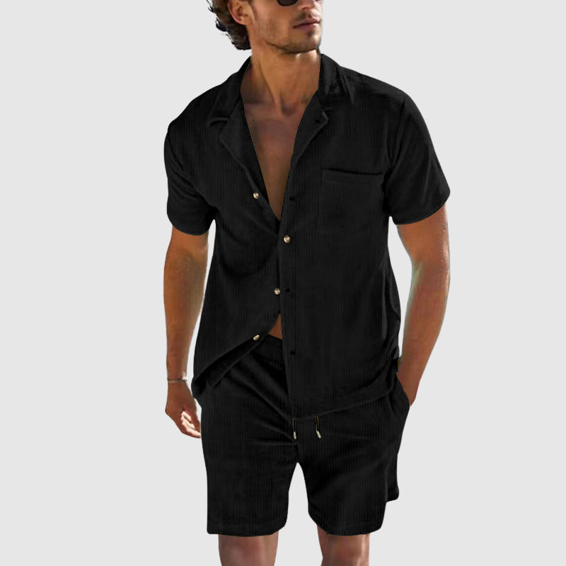 Men's golden beige resort matching set relaxed short-sleeve shirt coordinating shorts subtle vertical texture