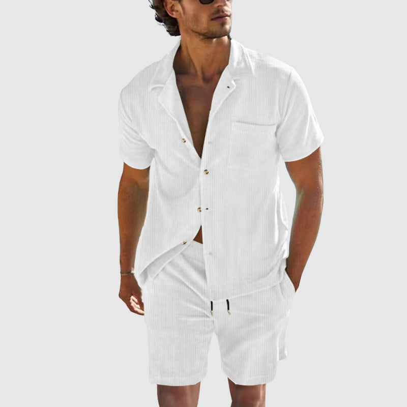 Men's golden beige relaxed resort set short-sleeve shirt matching shorts subtle vertical texture