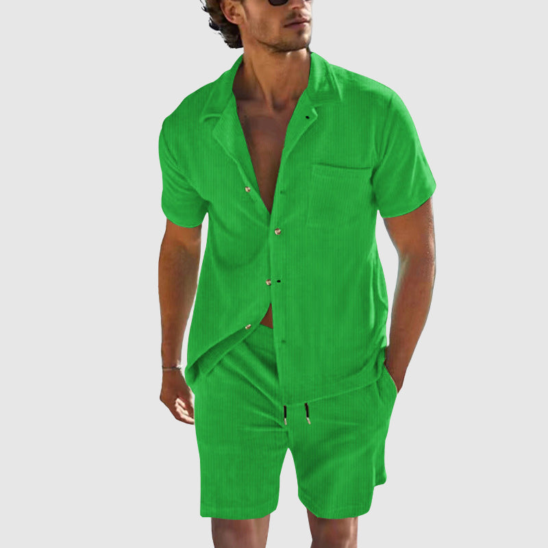 Men's golden beige resort set relaxed short-sleeve shirt matching shorts subtle vertical texture