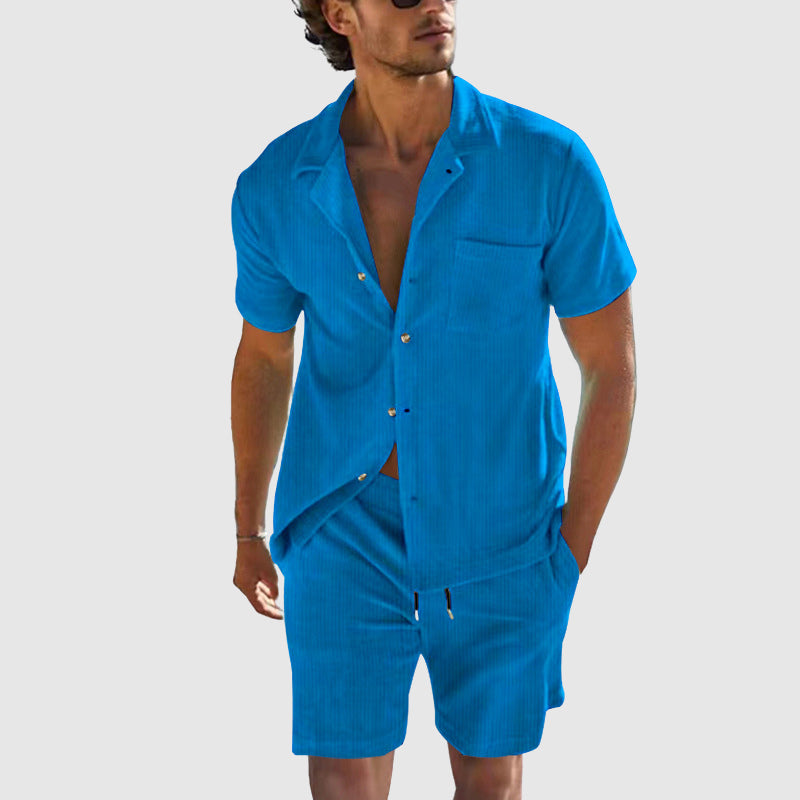Men's golden beige resort set relaxed short-sleeve shirt matching shorts subtle vertical texture