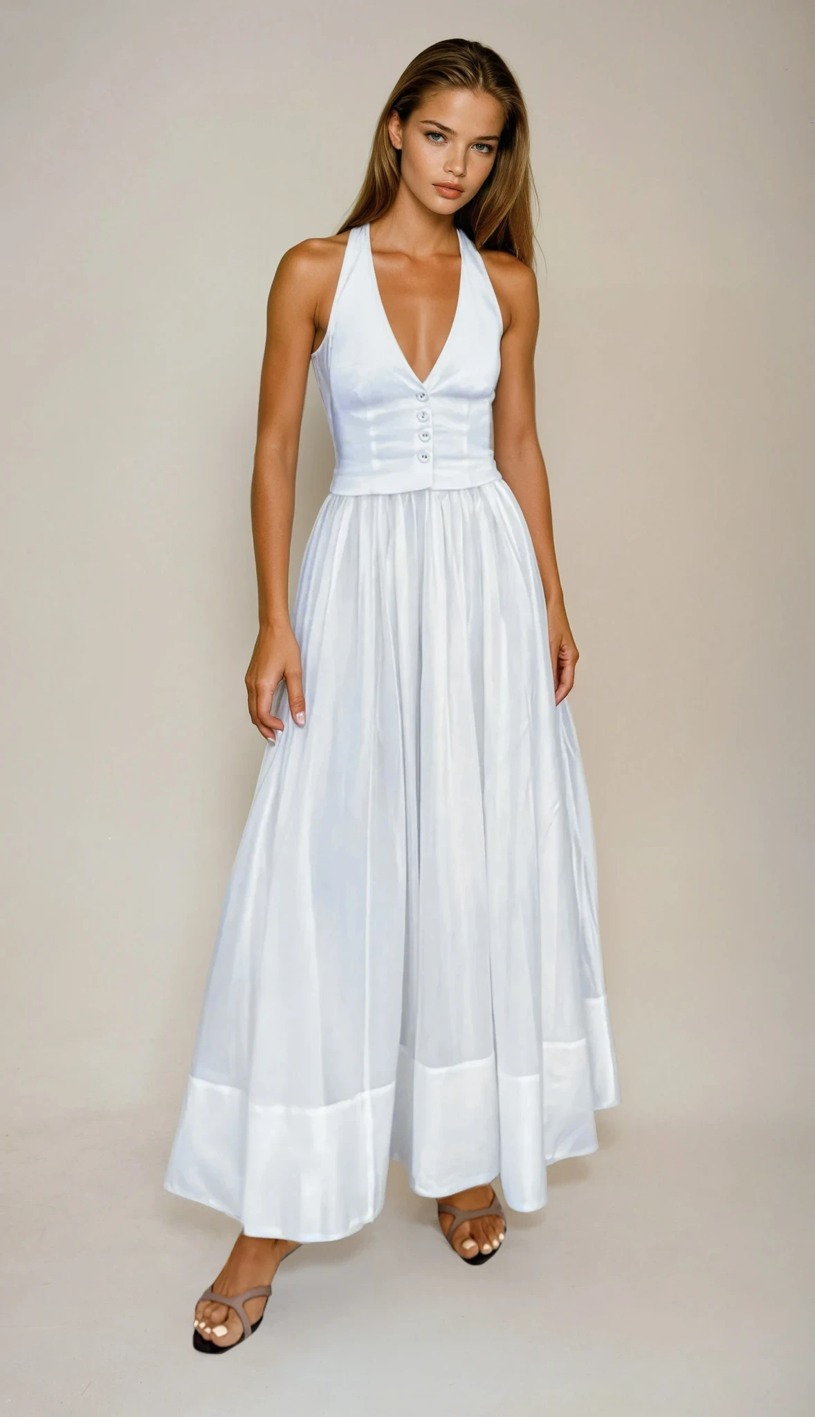 White Summer Party Dress For Women With Fitted V Neck Bodice And Side