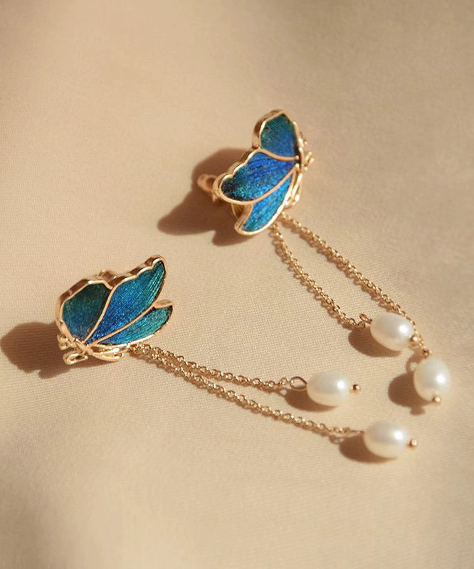 Boucles d'oreilles pendantes papillon à pampilles en perles et cuivre bleu dégradé - Urbann-Vibe