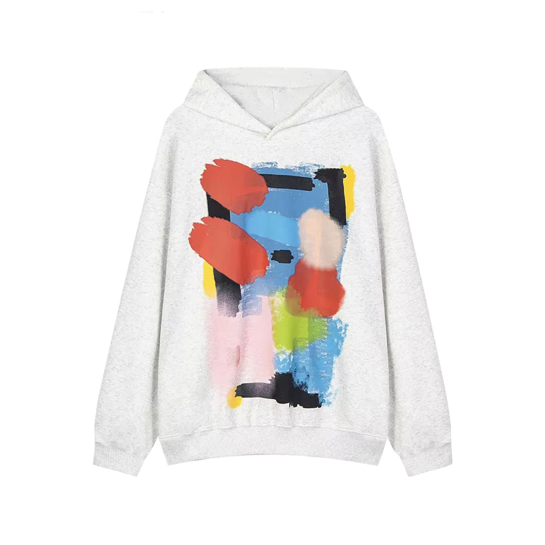 Black loose-fit cotton hoodie with bold vandal painted graphic print for streetwear style
