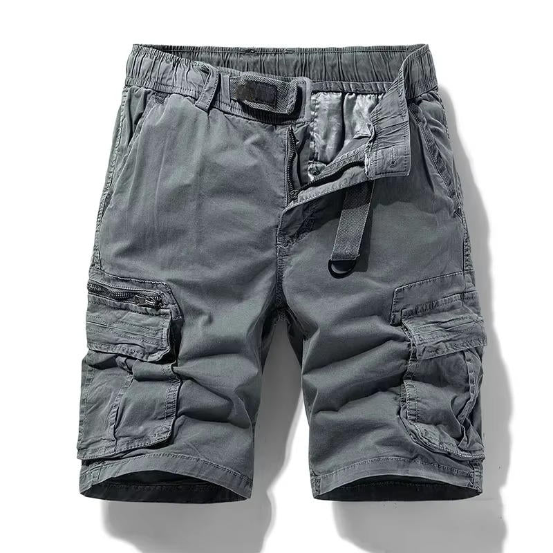 Men's camouflage cargo shorts with six-pocket utility design and adjustable drawstring waist