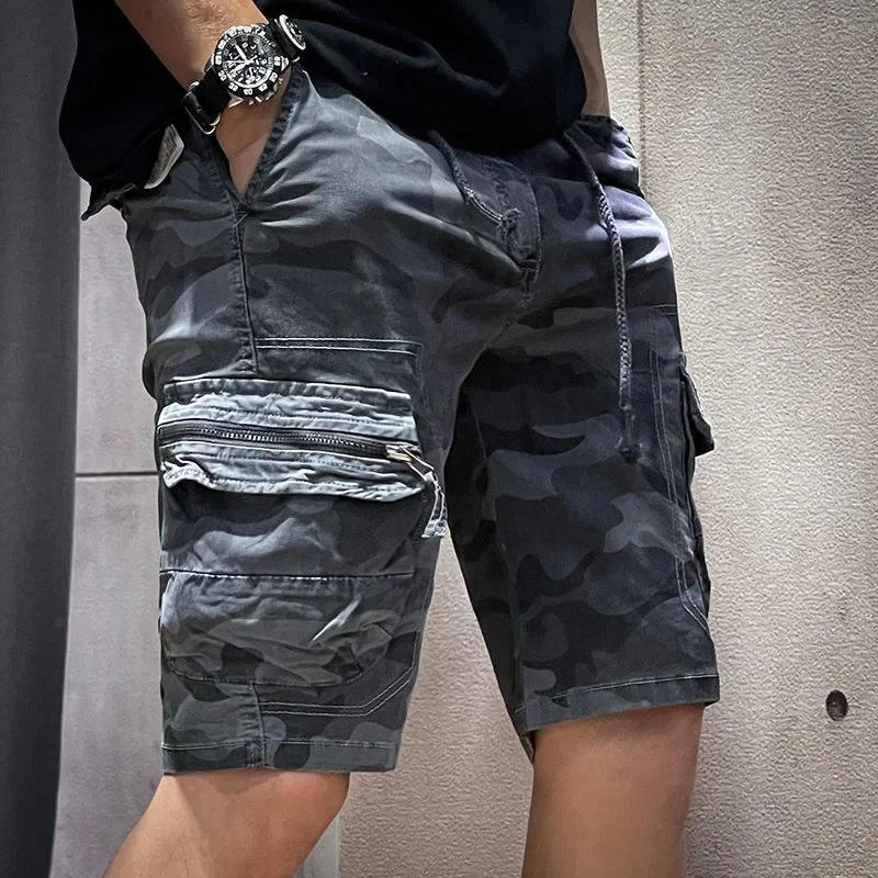 Men's camouflage cargo shorts six-pocket utility design with adjustable drawstring waist in cotton