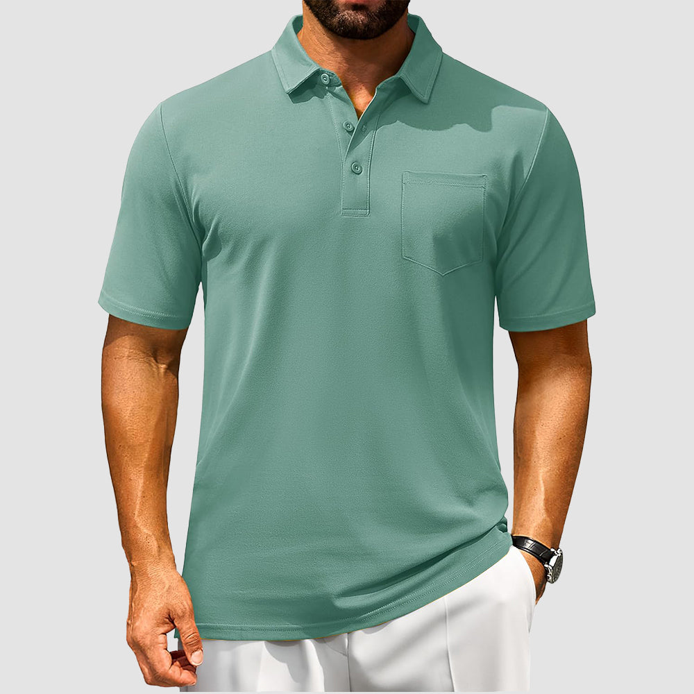 Men's breathable cotton polo shirt short sleeve golf tee with chest pocket moisture-wicking comfort fit