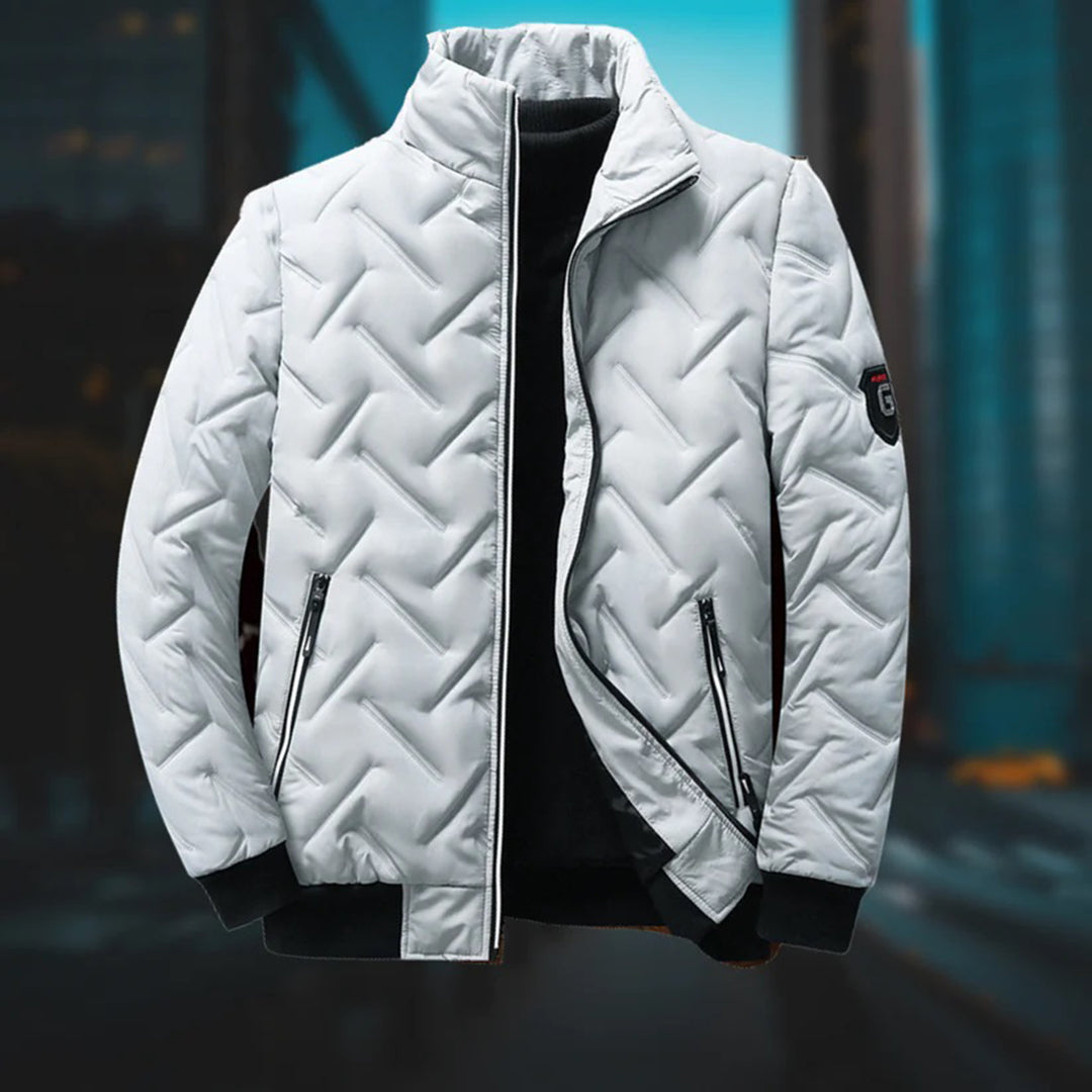 Men's black winter puffer jacket with stand-up collar and quilted insulation for cold weather