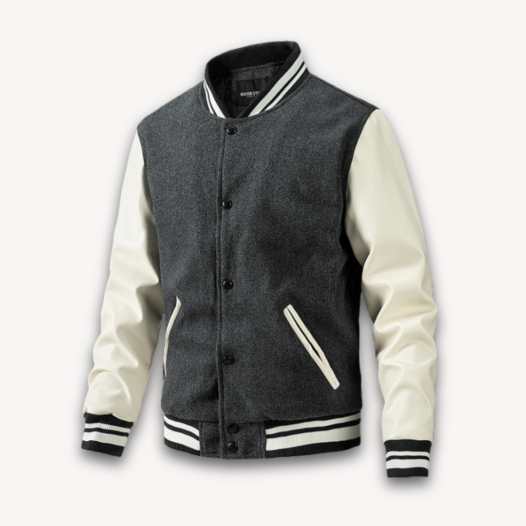 Men's black varsity jacket classic fit wool-look body leather-look sleeves snap button closure