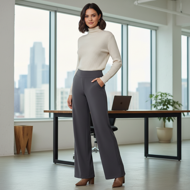 Julie wide-leg high-rise trousers in neutral tone, sleek front panel for professional women