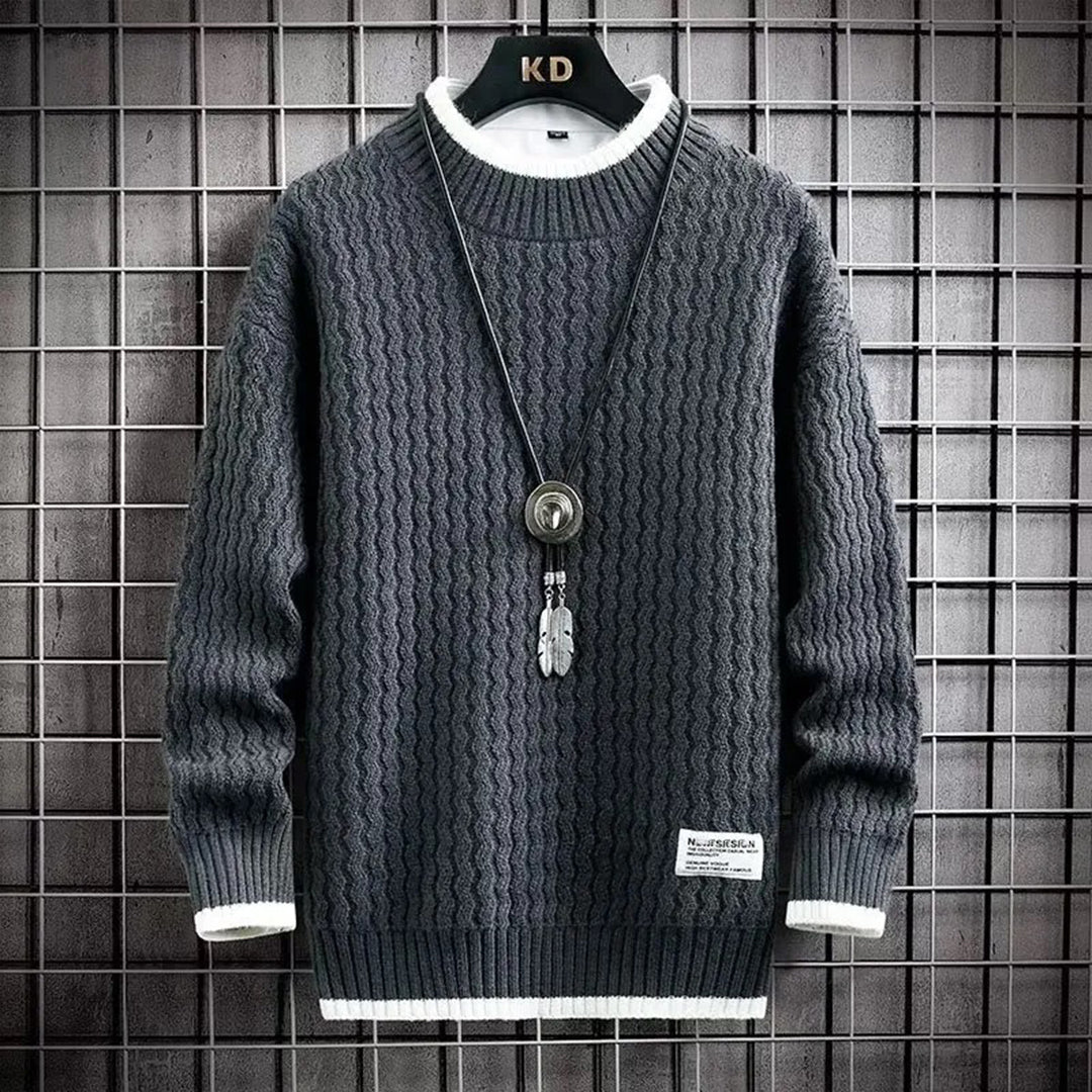 Men's crew neck wavy textured knit sweater with ribbed cuffs in a modern relaxed fit