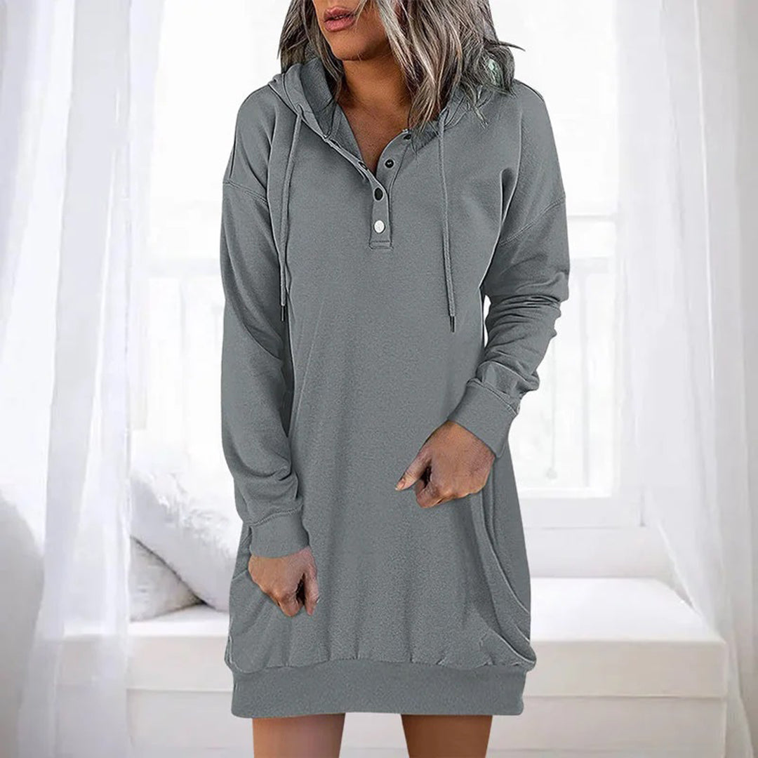 Women's gray hoodie dress with buttoned collar, long sleeves, attached hood, Nordic-inspired casual style
