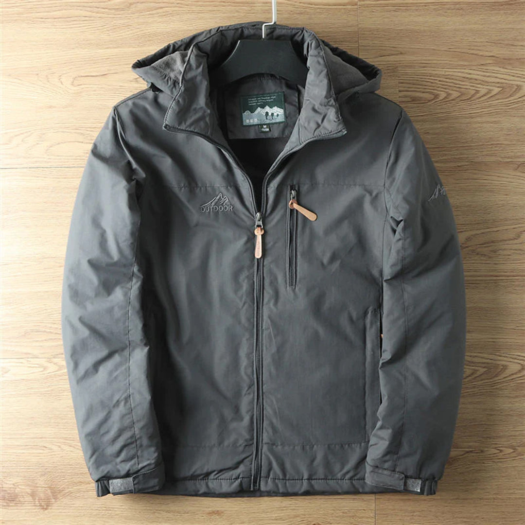 Men's water-resistant hooded outdoor jacket with fleece lining and zipper pockets, standard fit