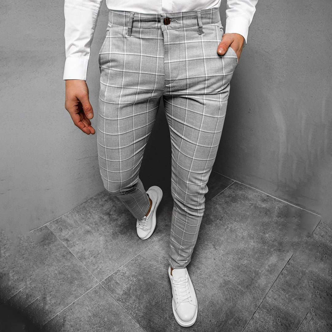 Men's beige checkered chino pants relaxed fit 100% cotton breathable casual everyday style